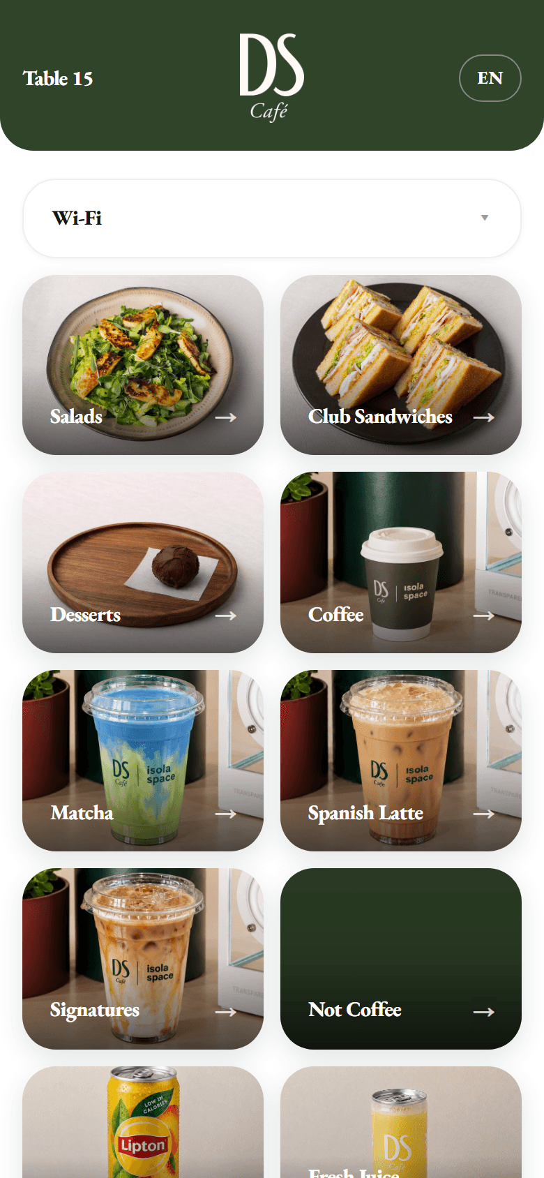 DS Café ordering site, in the house colours, with photo categories