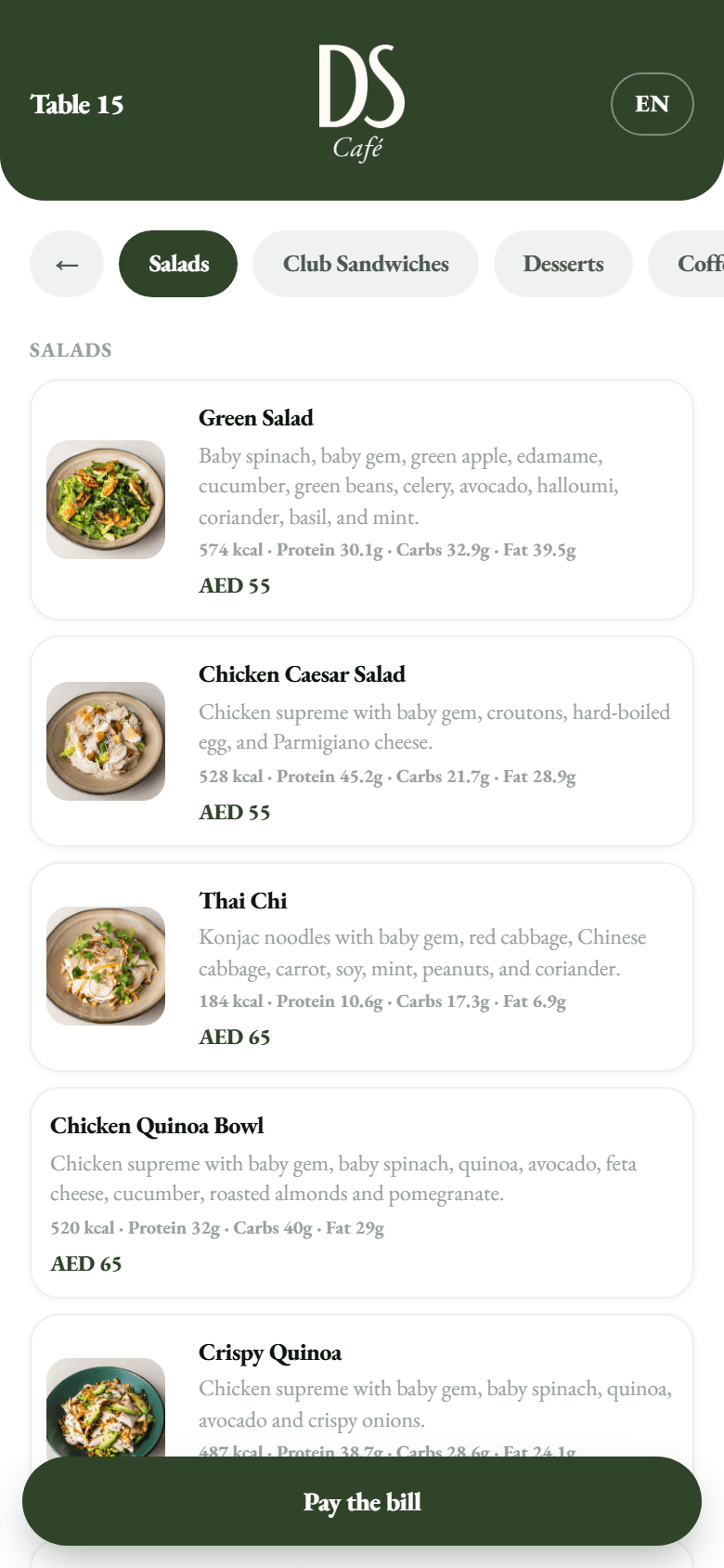 DS Café menu, salads category
